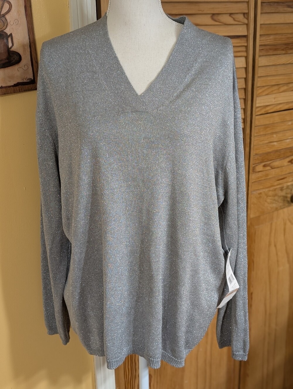 Josephine Chaus Silver Shimmer V-Neck Sweater  Top 2X NWT